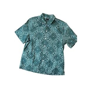TODD SNYDER Green Kalamkari Diamond Print Loop Collar Camp Shirt, Size Large